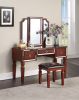 Classic Cherry Color Vanity Set w Stool 3- Storage Drawers, Tri-Fold Mirror