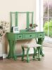 Unique Modern Bedroom Vanity Set w Stool Foldable Mirror Drawers Apple Green Color MDF Veneer 1pc Vanity Furniture