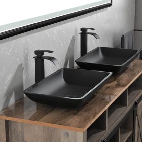 Matte Shell Glass Rectangular Vessel Bathroom Sink in Black with Faucet and Pop-Up Drain in Matte Black