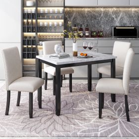 Faux Marble 5-Piece Dining Set Table with 4 Thicken Cushion, White/Beige+Black