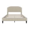 Modern Linen Curved Upholstered Platform Bed ; Solid Wood Frame ; Nailhead Trim; Cream (Queen)