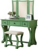 Unique Modern Bedroom Vanity Set w Stool Foldable Mirror Drawers Apple Green Color MDF Veneer 1pc Vanity Furniture