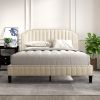 Modern Linen Curved Upholstered Platform Bed ; Solid Wood Frame ; Nailhead Trim; Cream (Queen)