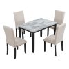 Faux Marble 5-Piece Dining Set Table with 4 Thicken Cushion, White/Beige+Black