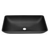 Matte Shell Glass Rectangular Vessel Bathroom Sink in Black with Faucet and Pop-Up Drain in Matte Black