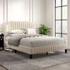 Modern Linen Curved Upholstered Platform Bed ; Solid Wood Frame ; Nailhead Trim; Cream (Queen)